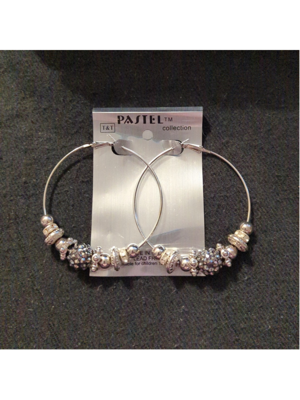 Pastel Collection Silver Tone Black Rhinestone Beaded Hoop Statement Earrings